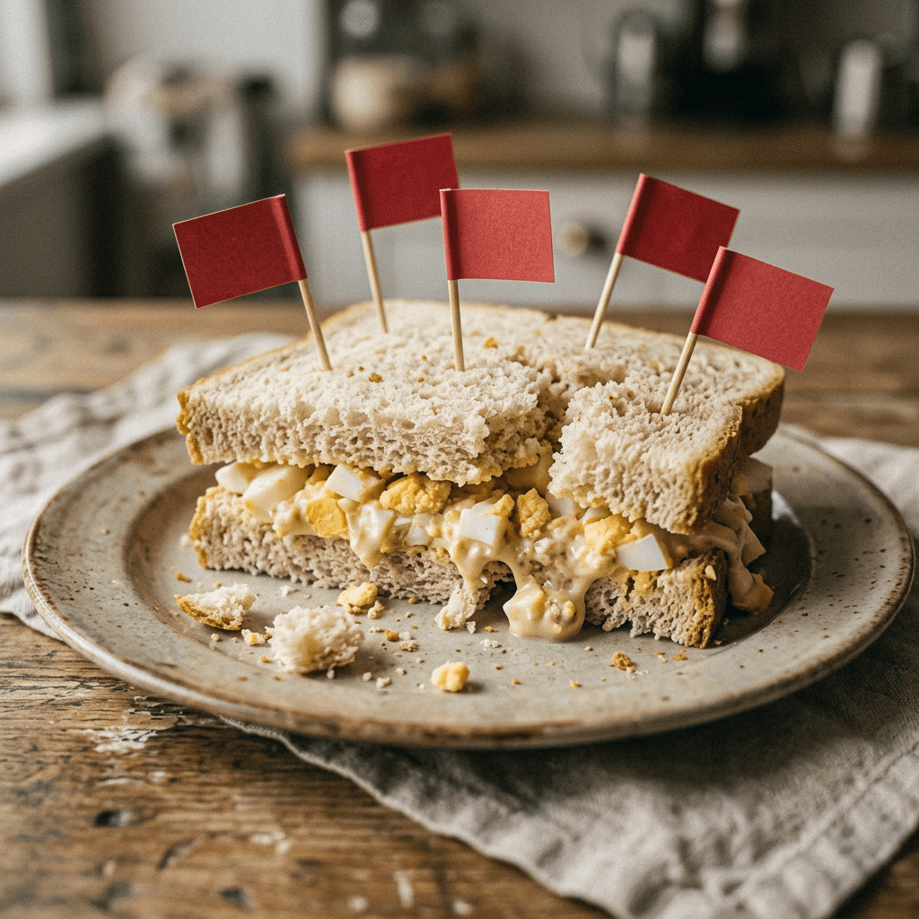 Egg salad sandwich with chopped eggs and mayonnaise, topped with red flags